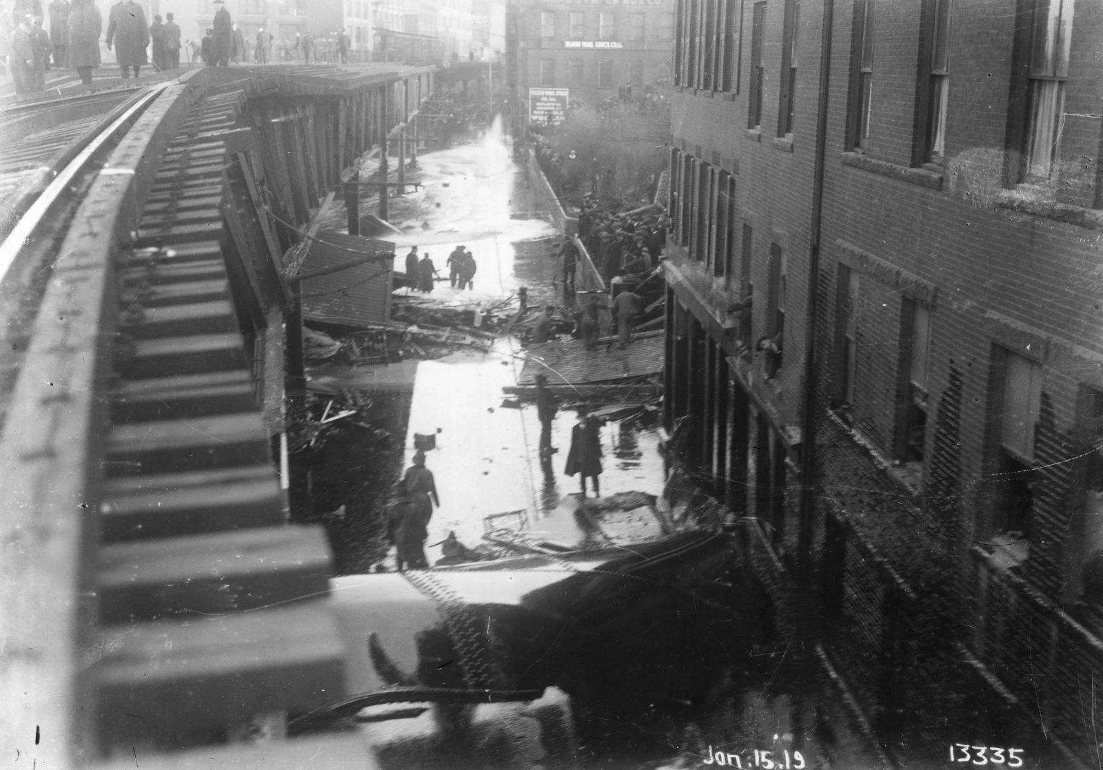 Commercial Street, Boston, in ruins after the Great Molasses Flood of January 15, 1919.